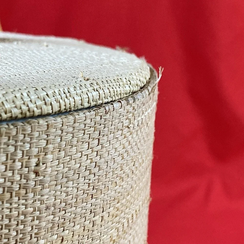 Vintage 1970's  Ice Bucket / Grass Cloth with Faux Bamboo Handle / No Tongs